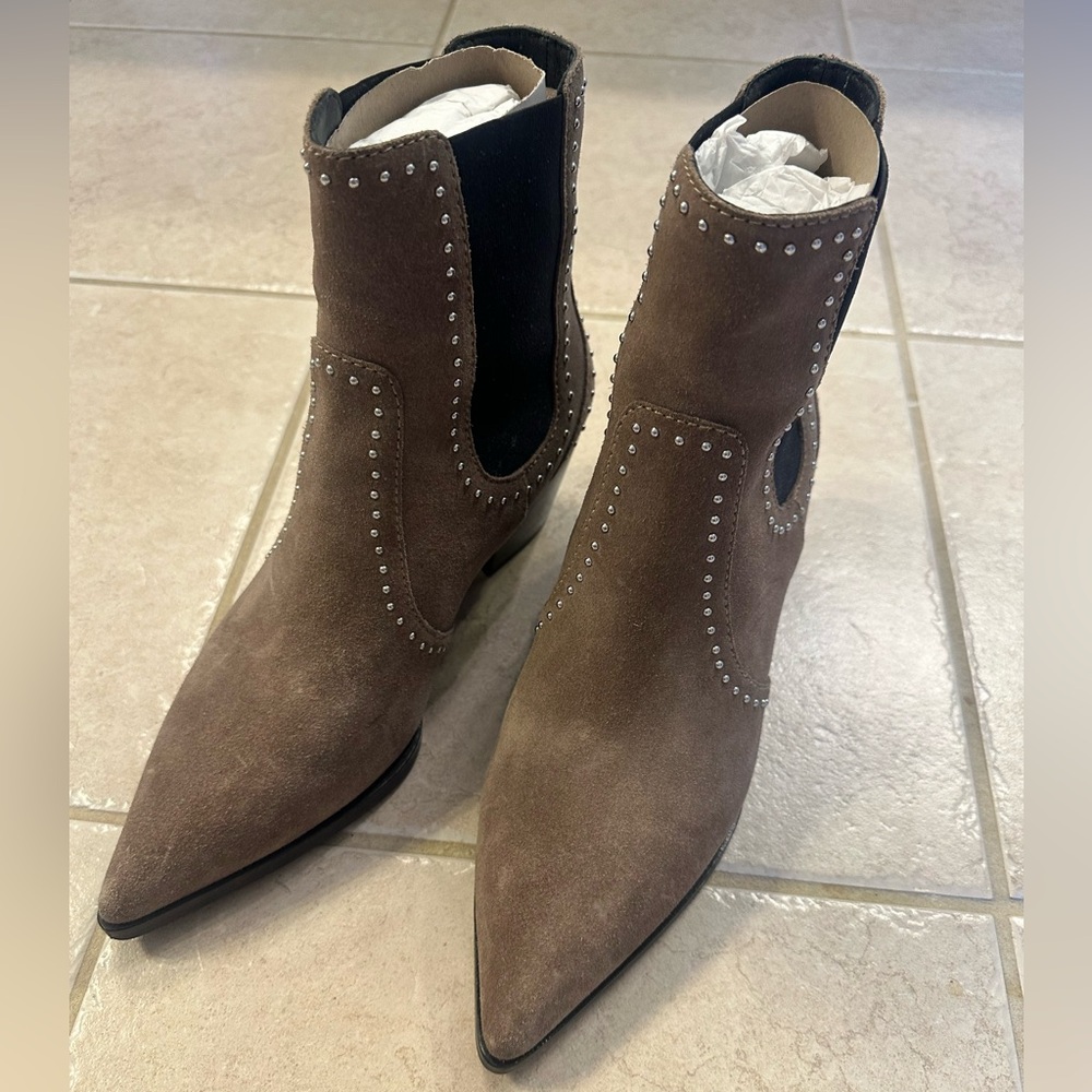 PAIGE women’s Tan Suede Studded Ankle Boots